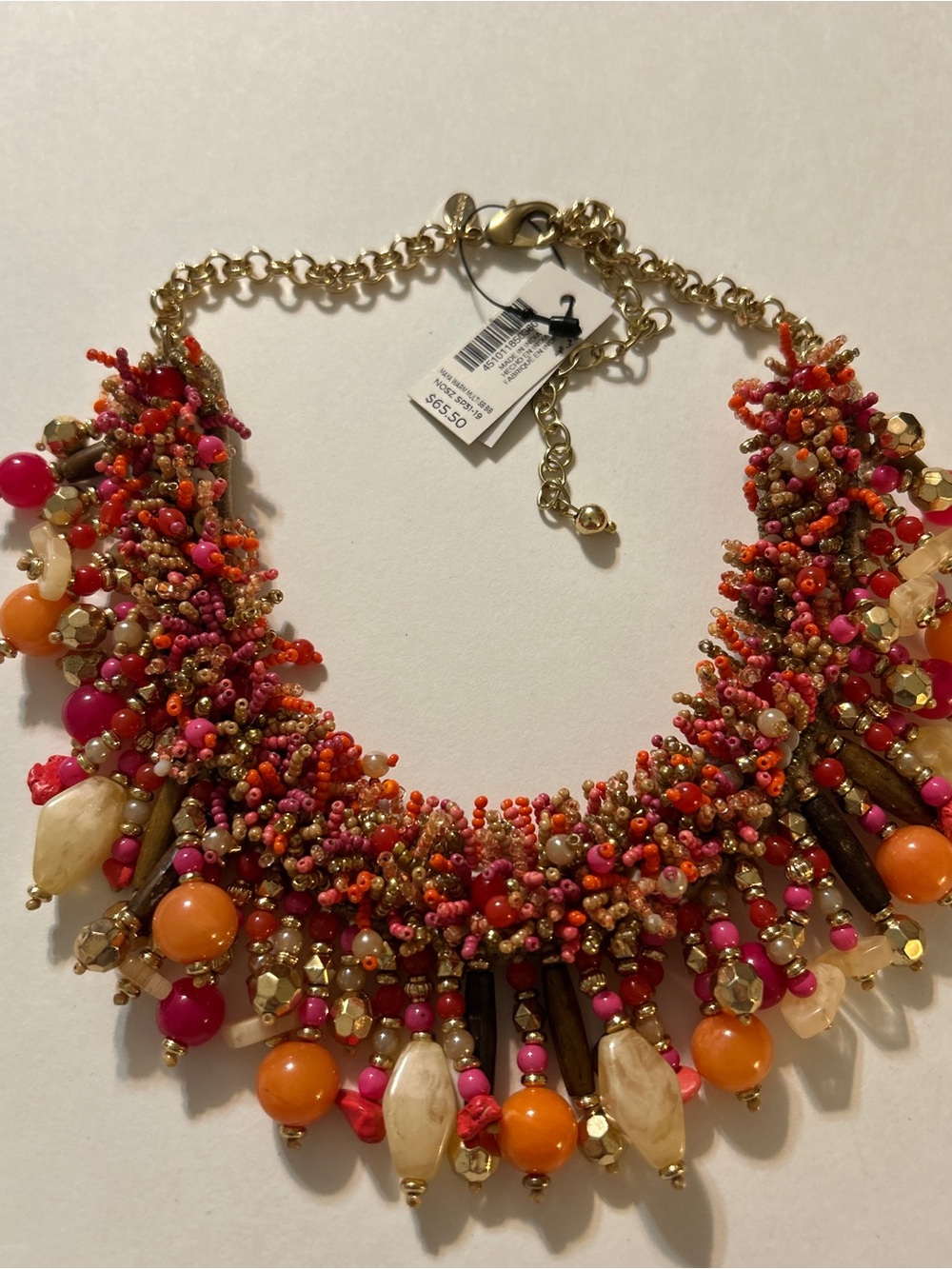 NWT Chico's Maya Warm Multi Seed Bead Bib Statement Necklace Pink Orange